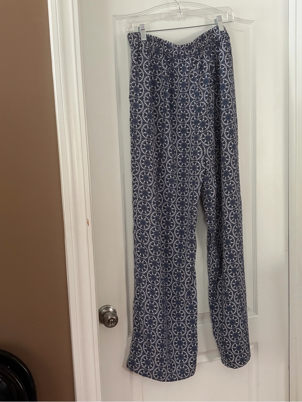 Women's Navy Patterned Wide-Leg Pull-On Pants